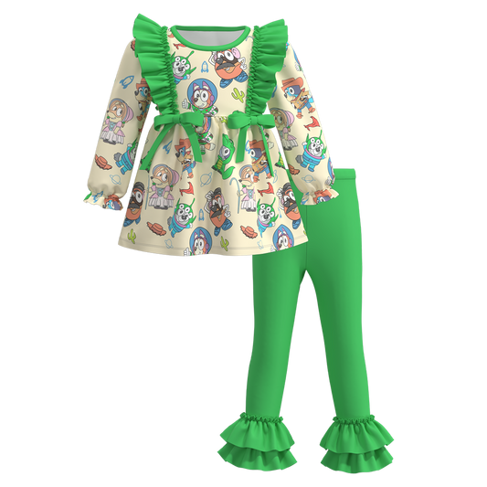 (Custom Design Preorder MOQ 5)  Cartoon Dog Tunic Top Green Pants Girls Clothes Set