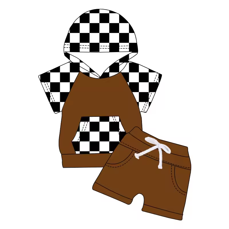 (Custom Design Preorder MOQ 5)  Plaid Hoodie Top Brown Shorts Kids Summer Clothes Set