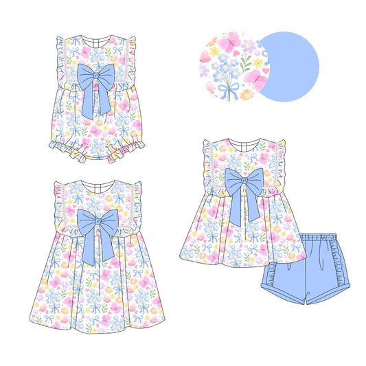 3.29(Custom Design Preorder MOQ 5 Each Design) Colorful Flowers Butterfly Print Girls Summer Matching Clothes Sisters Wear