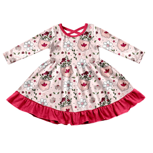 (Custom Design Preorder MOQ 5) Flowers Heart Print Girls Valentine's Knee Length Dress