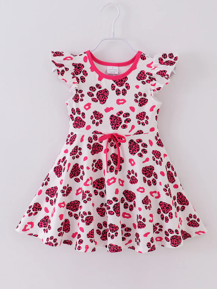 (Custom Design Preorder MOQ 5) Pink Leopard Paw Print Girls Knee Length Summer Dress