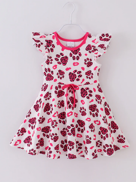 (Custom Design Preorder MOQ 5) Pink Leopard Paw Print Girls Knee Length Summer Dress