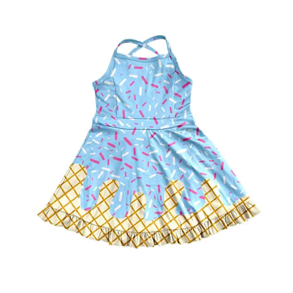 (Custom Design Preorder MOQ 5) Team's Blue Sprinkles Print Shorts Skirts Girls Summer Yoga Dress