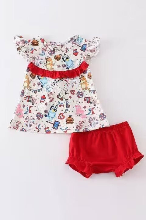 (Custom Design Preorder MOQ 5) Cartoon Dog USA Print Baby Girls 4th of July Bummie Sets