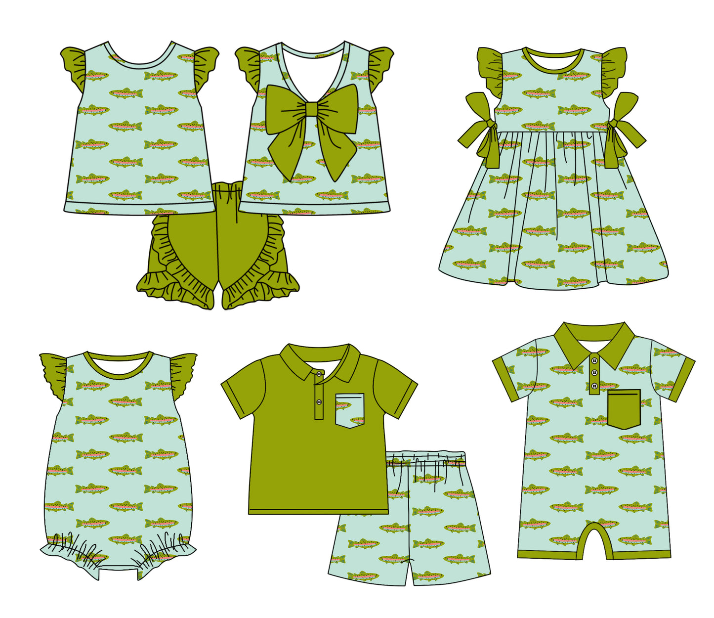 11.9(Custom Design Preorder MOQ 5 Each Design) Fish Green Print Kids Summer Matching Clothes Sibling Wear