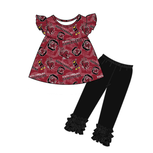 (Custom Design Preorder MOQ 5) Team's Wine C Print Top Black Legging Pants Girls Clothes Set