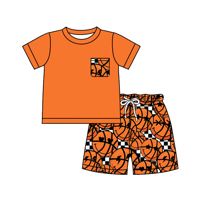 (Custom Design Preorder MOQ 5) Orange Pocket Top Basketball Shorts Boys Summer Clothes Set