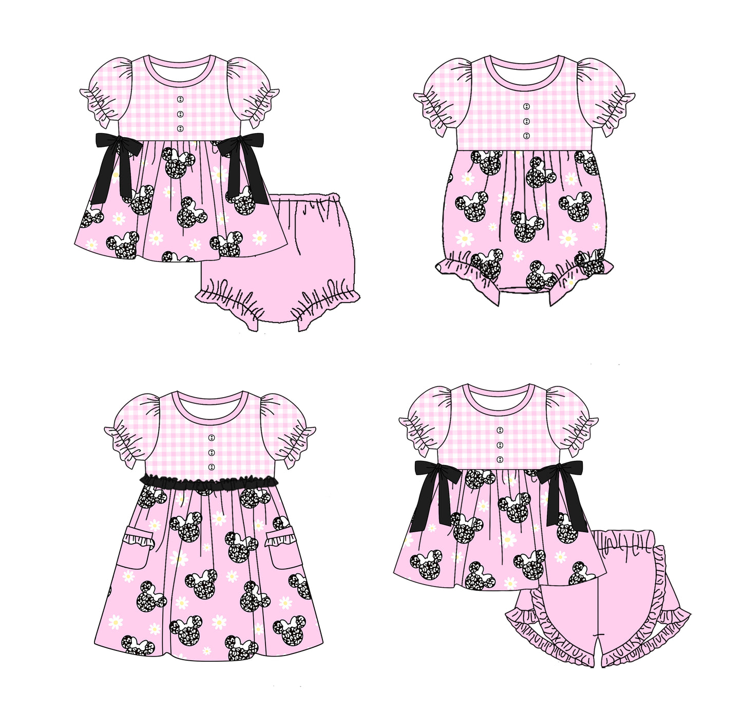 11.21(Custom Design Preorder MOQ 5 Each Design) Cartoon Mouse Flowers Pink Print Girls Summer Matching Clothes Sisters Wear