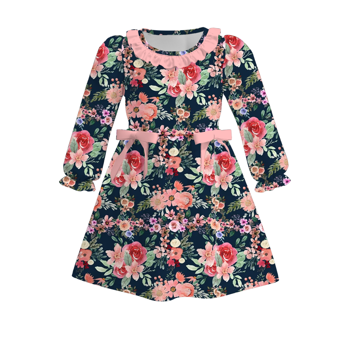 (Custom Design Preorder MOQ 5) Flowers Print Girls Knee Length Fall Dress