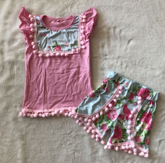 (Promotion)G5-6*/ Pink Flowers Girls Pom-pom Summer Outfits