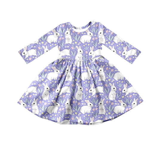 (Custom Design Preorder MOQ 5) Purple Flowers Bunny Print Girls Easter Knee Length Dress