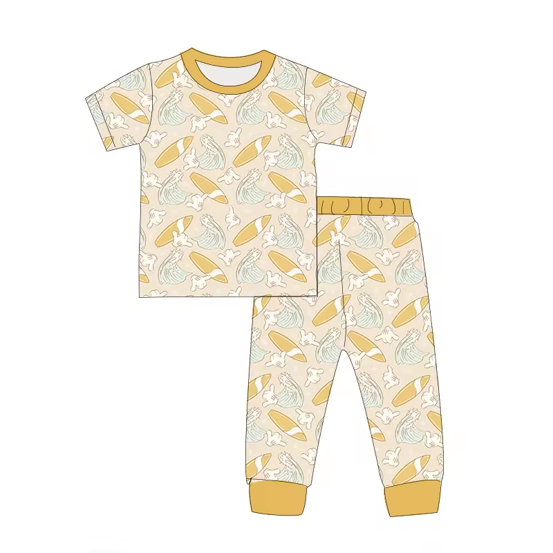 (Custom Design Preorder MOQ 5)  Surfboard Yellow Print Kids Pajamas Clothes Set