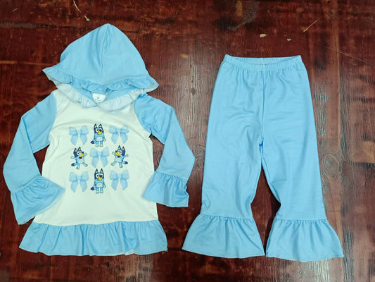 (Custom Design Preorder MOQ 3 ) Cartoon Dog Bows Blue Print Girls Fall Hoodie Clothes Set