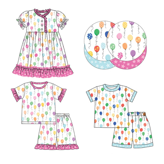 12.11(Custom Design Preorder MOQ 5 Each Design) Colorful Balloon Happy Birthday Print Kids Matching Clothes Sibling Wear