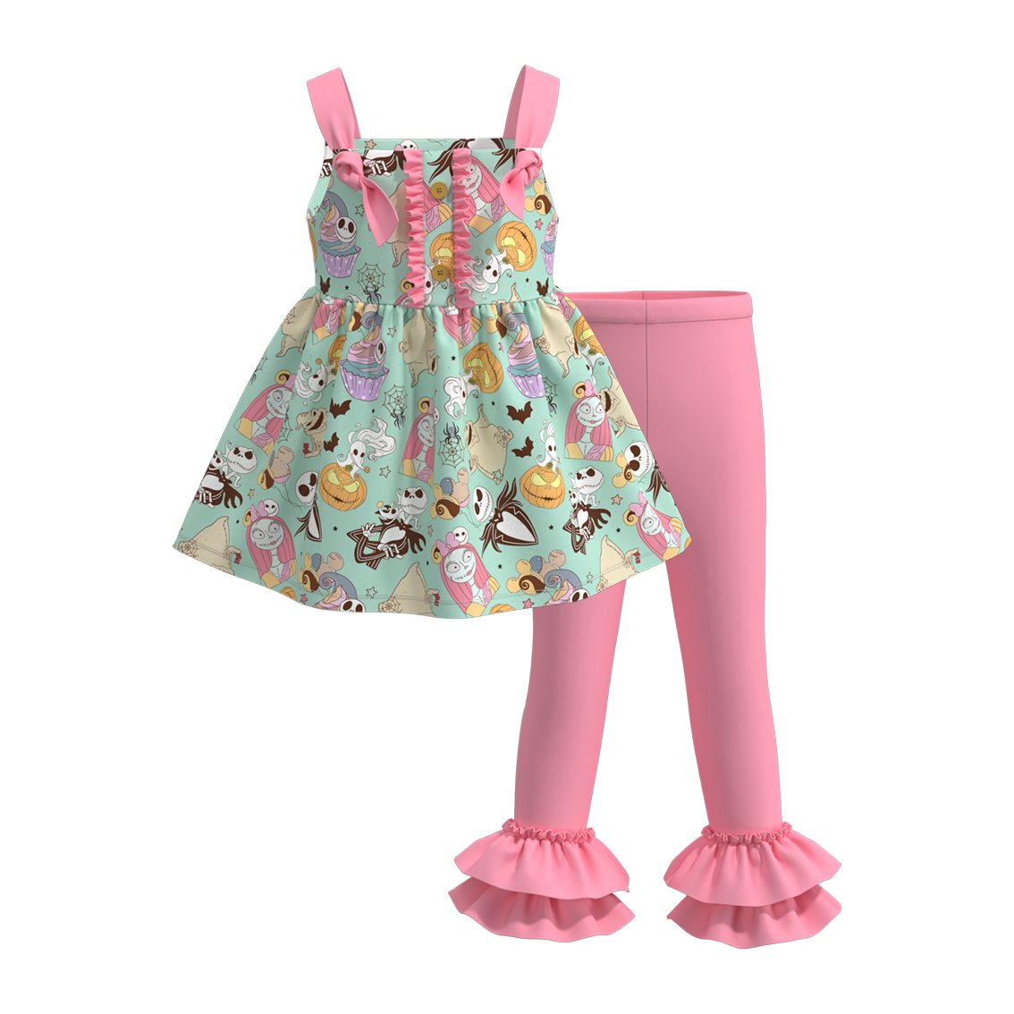 (Custom Design Preorder MOQ 5) Cartoon Figure Tunic Top Pink Pants Girls Halloween Clothes Set