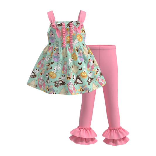 (Custom Design Preorder MOQ 5) Cartoon Figure Tunic Top Pink Pants Girls Halloween Clothes Set