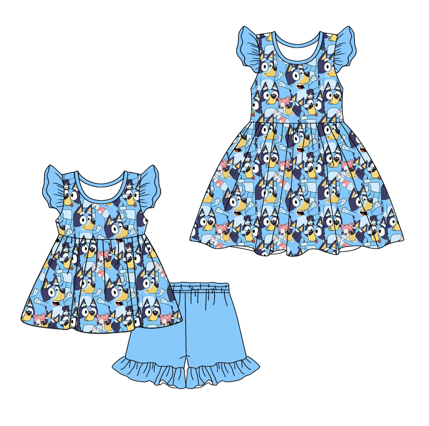 12.14(Custom Design Preorder MOQ 5 Each Design) Cartoon Dog Blue Print Girls Summer Matching Clothes Sisters Wear