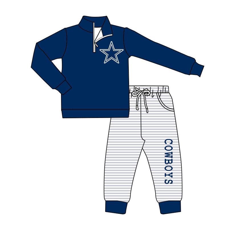 (Custom Design Preorder MOQ 5) Team's COWBOYS Pullover Top Stripes Pockets Pants Boys Fall Clothes Set