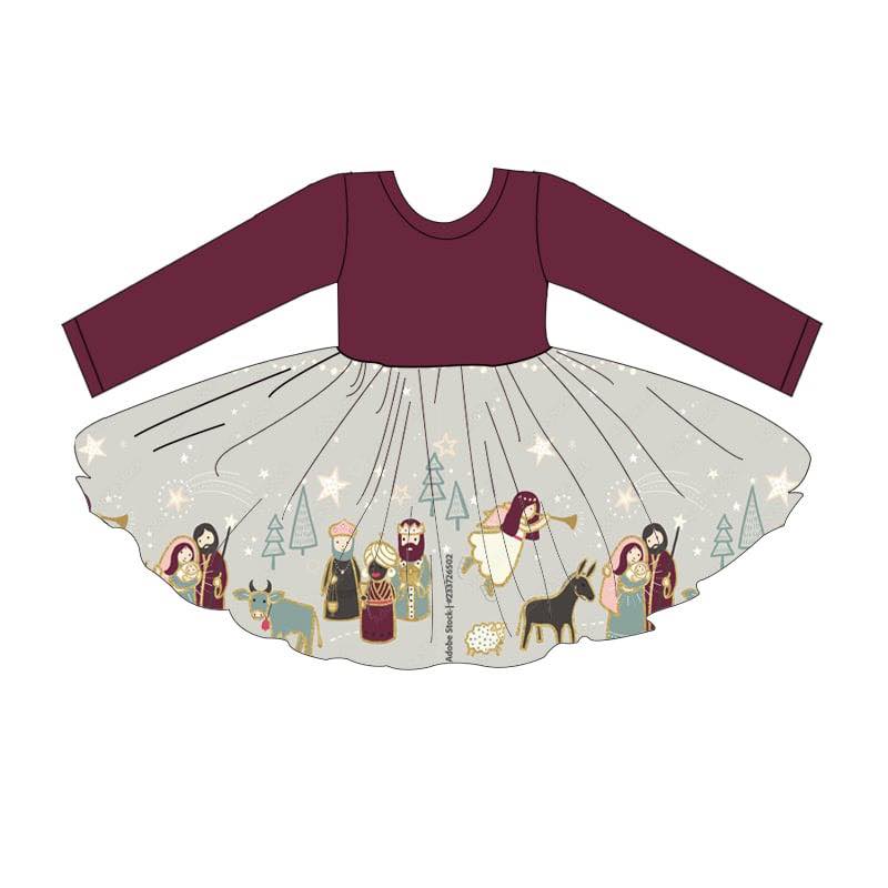 (Custom Design Preorder MOQ 5)  Nativity Print Girls Christmas Knee Length Tulle Dress