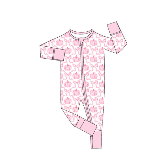 (Custom Design Preorder MOQ 5)  Pink Bows Pumpkin Print Baby Girls Fall Sleeper Zipper Romper