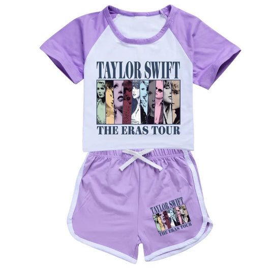 (Custom Design Preorder MOQ 5) Singer Swiftie Purple Print Girls Summer Clothes Set
