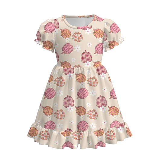 (Custom Design Preorder MOQ 5) Pumpkin Flowers Print Girls Knee Length Fall Dress