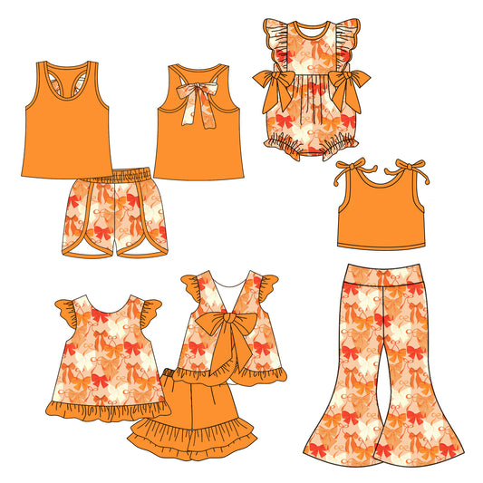 5.5(Custom Design Preorder MOQ 5 Each Design) Orange Bows Print Girls Summer Matching Clothes Sisters Wear