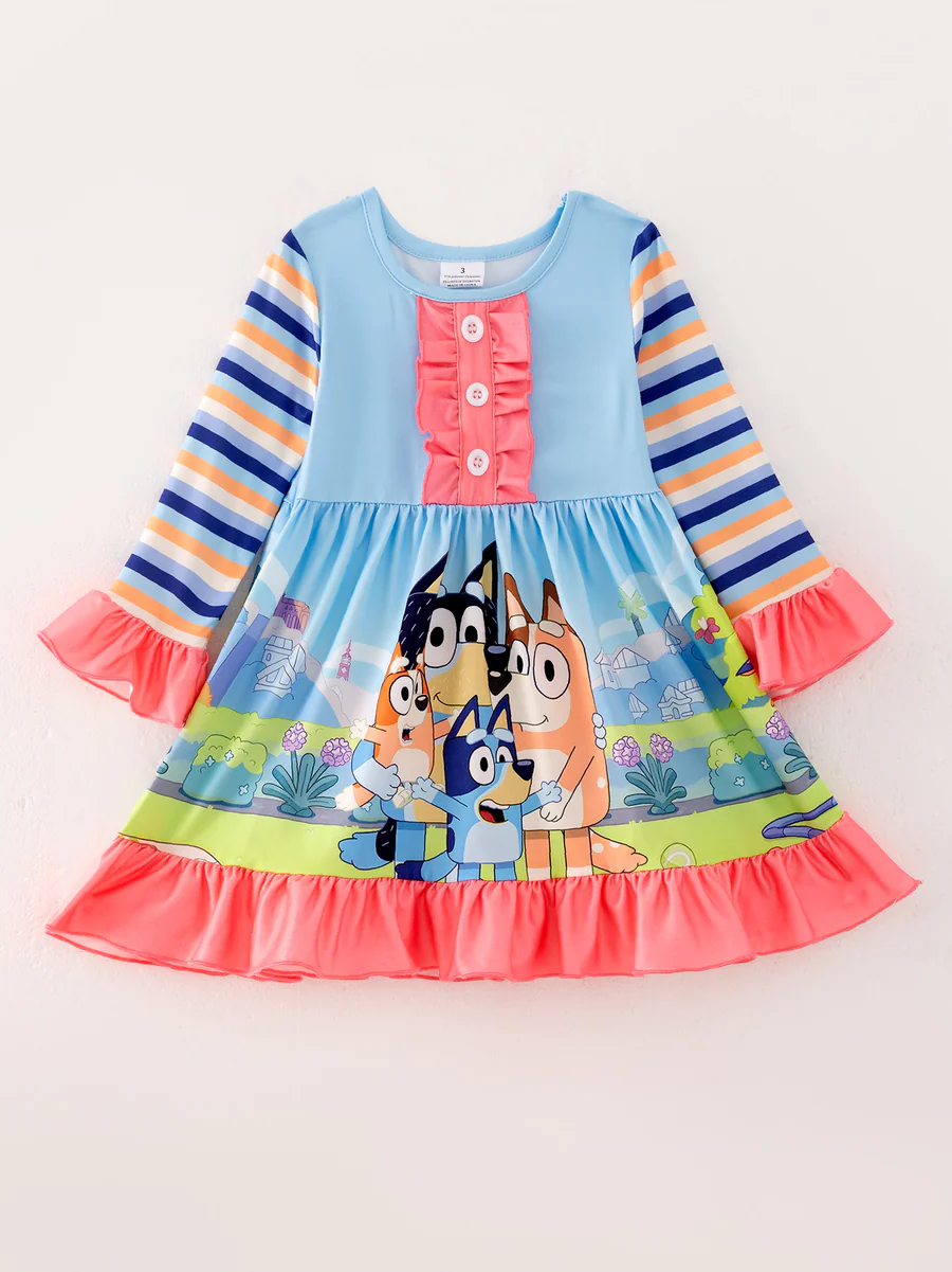 (Custom Design Preorder MOQ 5)  Cartoon Dog Print Girls Knee Length Dress