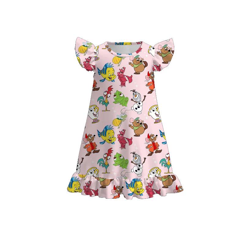 (Custom Design Preorder MOQ 5) Cartoon Animals Print Girls Summer Knee Length Dress