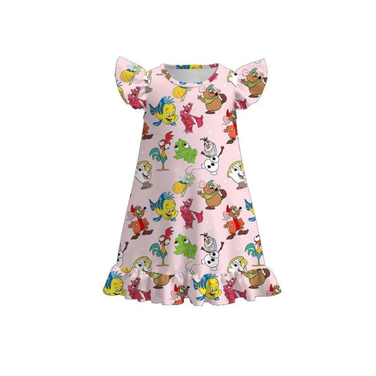 (Custom Design Preorder MOQ 5) Cartoon Animals Print Girls Summer Knee Length Dress