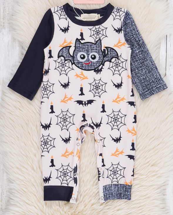 (Custom Design Preorder MOQ 5) Bat Web Print Baby Boys Halloween Romper