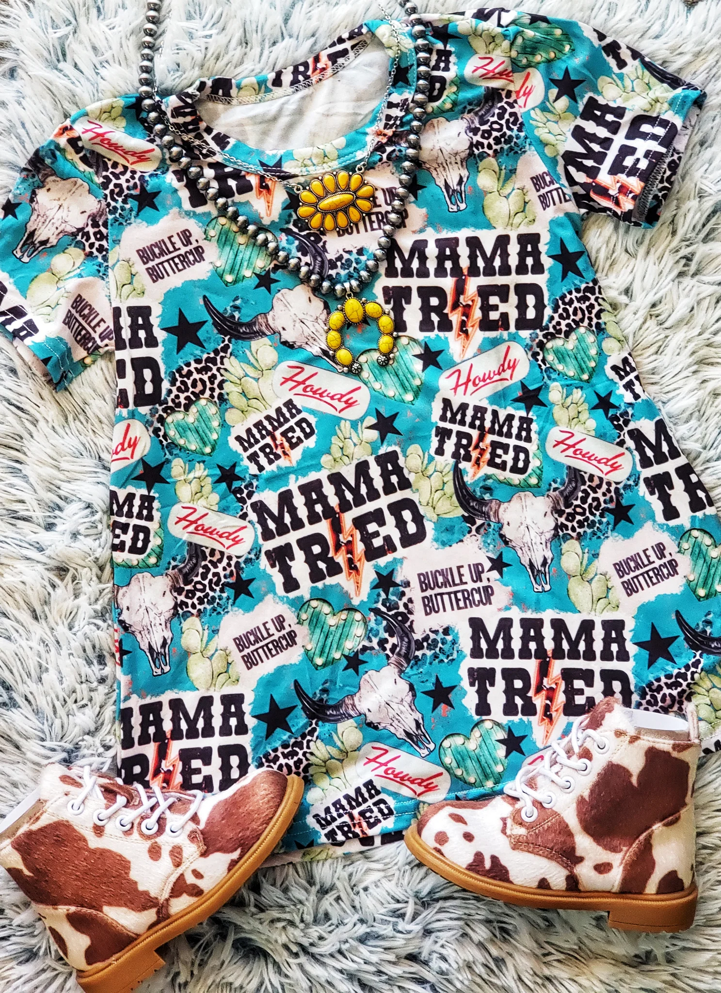 (Custom Design Preorder MOQ 5) MAMA TRIED Cactus Print Girls Western Knee Length Dress