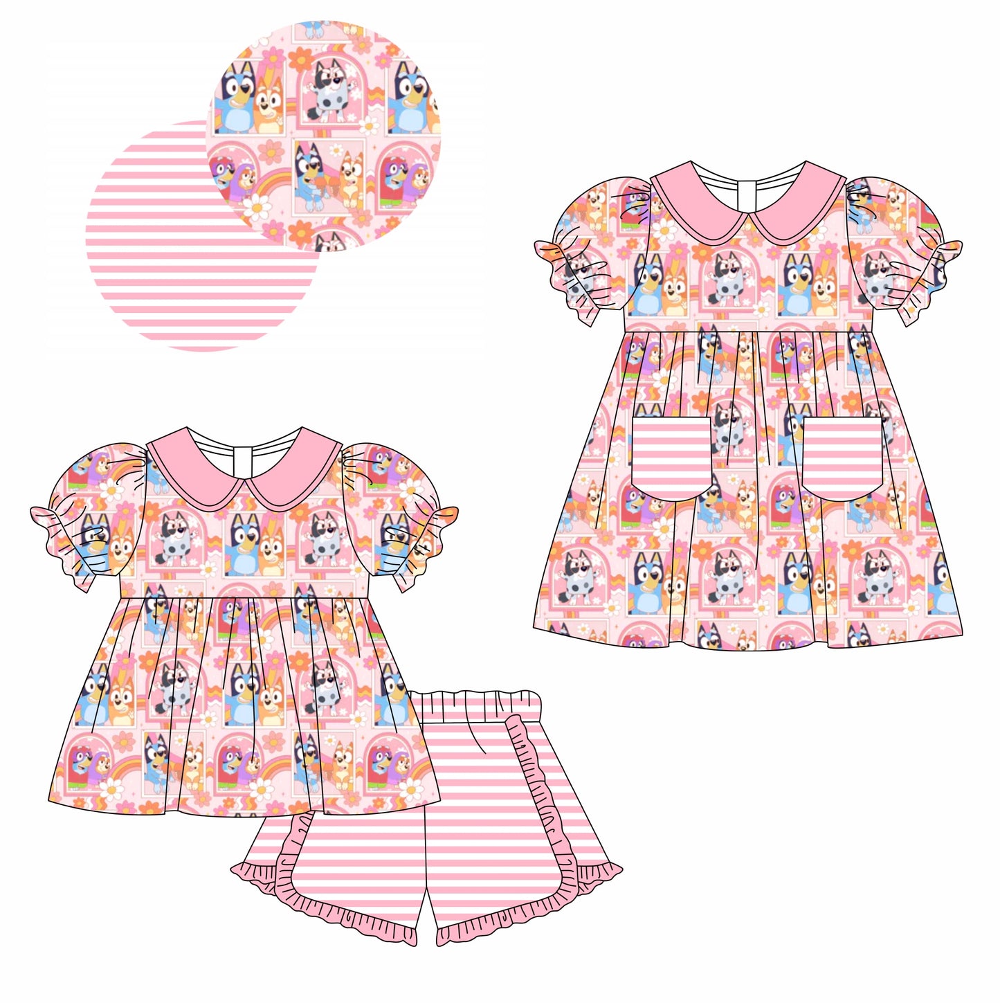 11.13(Custom Design Preorder MOQ 5 Each Design) Cartoon Dog Flowers Print Girls Summer Matching Clothes Sisters Wear