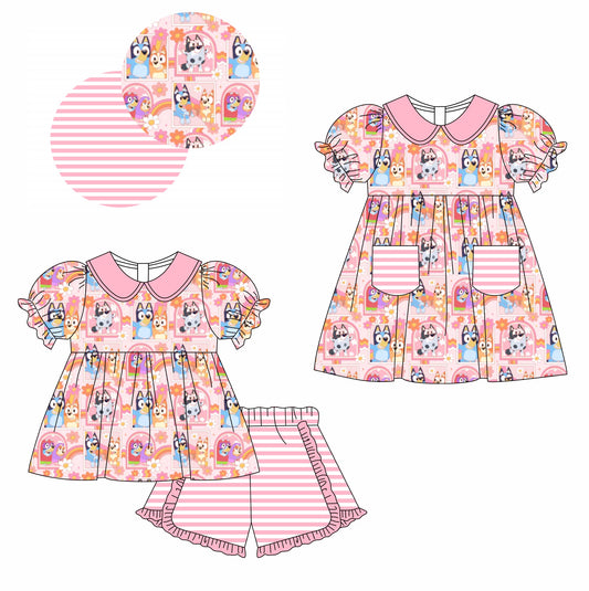 11.13(Custom Design Preorder MOQ 5 Each Design) Cartoon Dog Flowers Print Girls Summer Matching Clothes Sisters Wear