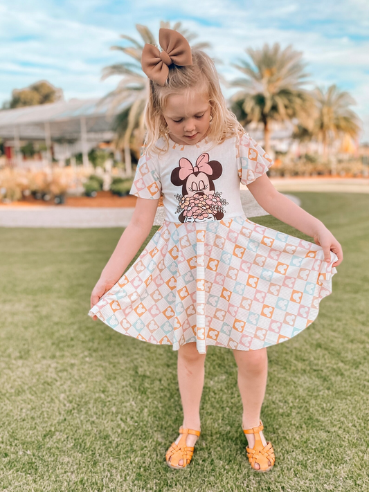 (Custom Design Preorder MOQ 5) Cartoon Mouse Flowers Print Girls Knee Length Dress