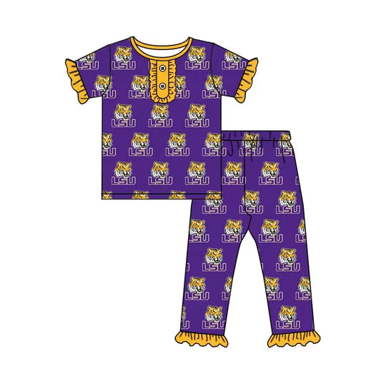 (Custom Design Preorder MOQ 5) Team's LSU Print Girls Pajamas Clothes Set