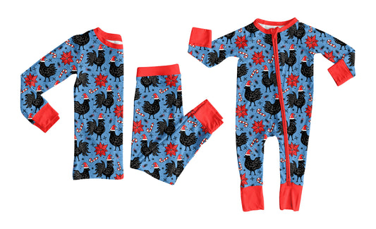 8.1 (Custom Design Preorder MOQ 5 Each Design) Chicken Candy Cane Print Girls Christmas Pajamas Matching Clothes Sisters Wear