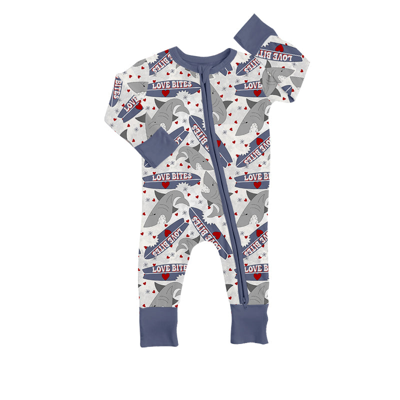 (Custom Design Preorder MOQ 5) Shark Print Baby Boys Valentine's Zipper Romper