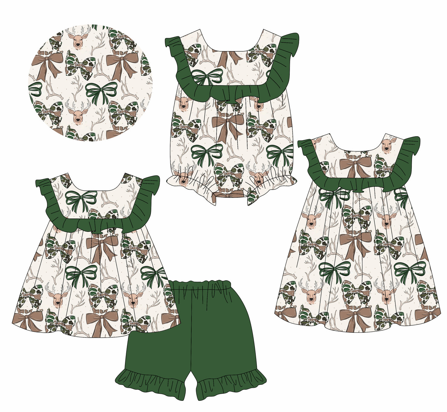 2.24(Custom Design Preorder MOQ 5 Each Design) Deer Camo Bows Print Girls Summer Matching Clothes Sisters Wear