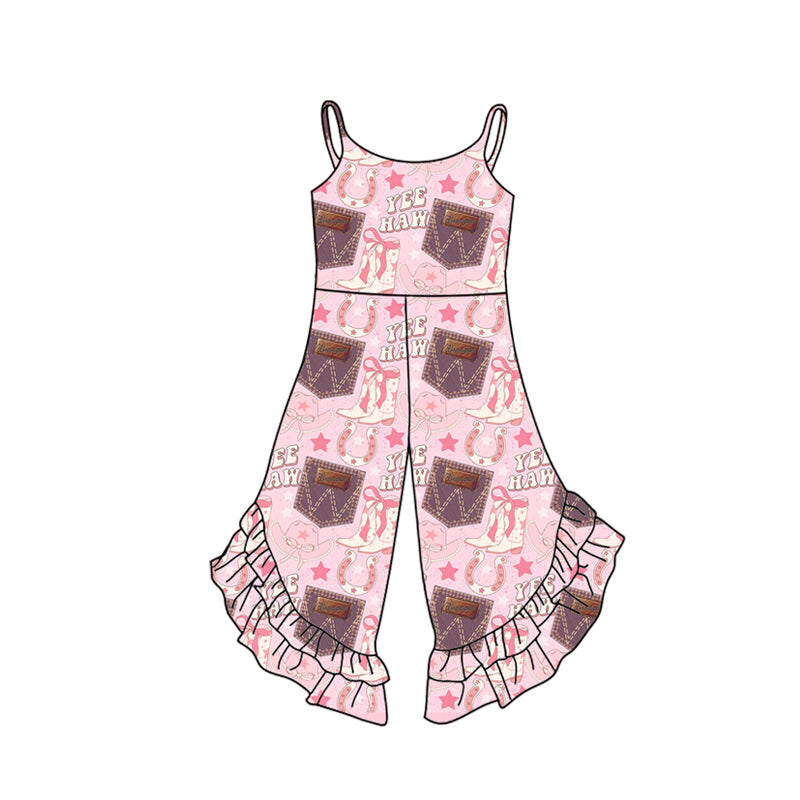 2.26(Custom Design Preorder MOQ 5) Boots Hat Stars Pink HAW Print Girls Summer Jumpsuits