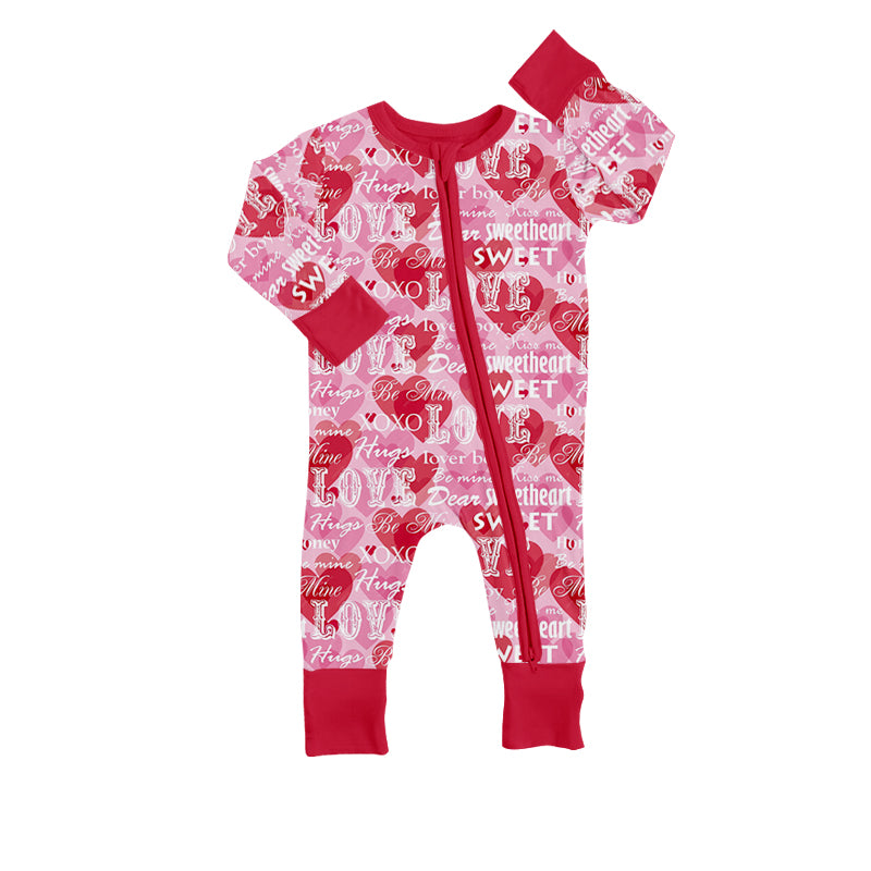 (Custom Design Preorder MOQ 5) Sweet LOVE Heart Print Baby Girls Sleeper Valentine's Zipper Romper