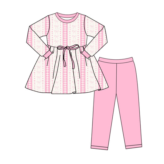 (Custom Design Preorder MOQ 5) Heart Bows Tunic Top Pink Pants Girls Valentine's Day Clothes Set