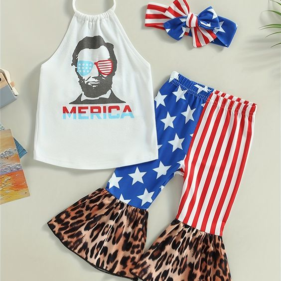 (Custom Design Preorder MOQ 5) Merica Halter Top Stars Leopard Bell Pants Girls 4th of July Clothes Set