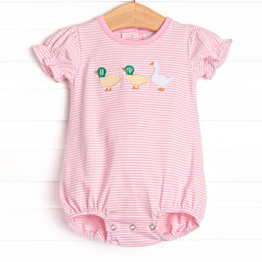 (Custom Design Preorder MOQ 5) Duck Stripes Pink Print Baby Girls Summer Romper