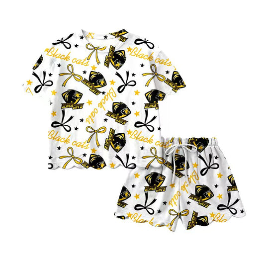 (Custom Design Preorder MOQ 5) Teams Black Cats Bows Print Girls Summer Scallop Clothes Set