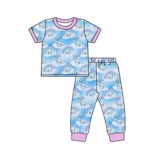 (Custom Design Preorder MOQ 5)  Cartoon Bunny Rainbow Print Girls Clothes Set