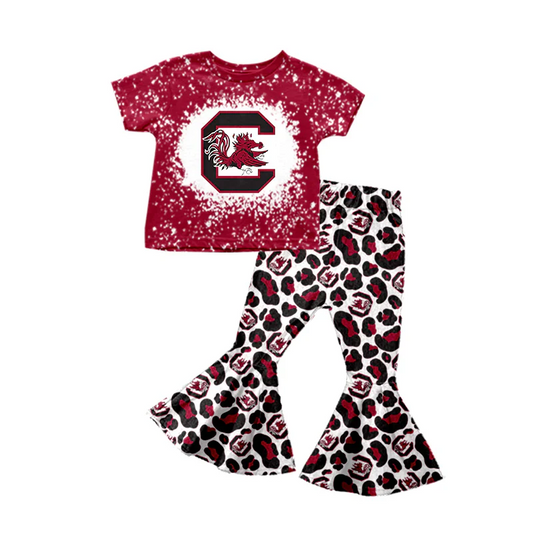 (Custom Design Preorder MOQ 5) Team's Gamecock Top Leopard Bell Pants Girls Clothes Set