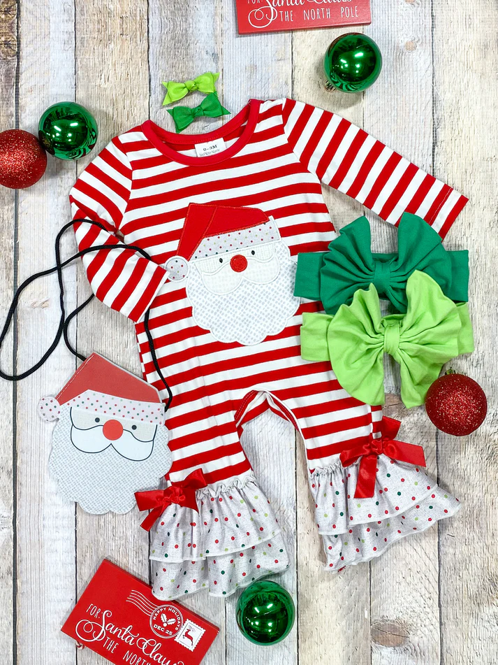 (Custom Design Preorder MOQ 5) Santa Red Stripes Print Baby Girls Christmas Romper