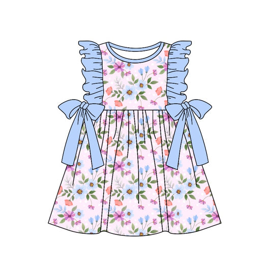(Custom Design Preorder MOQ 5) Blue Flowers Print Girls Knee Length Summer Dress