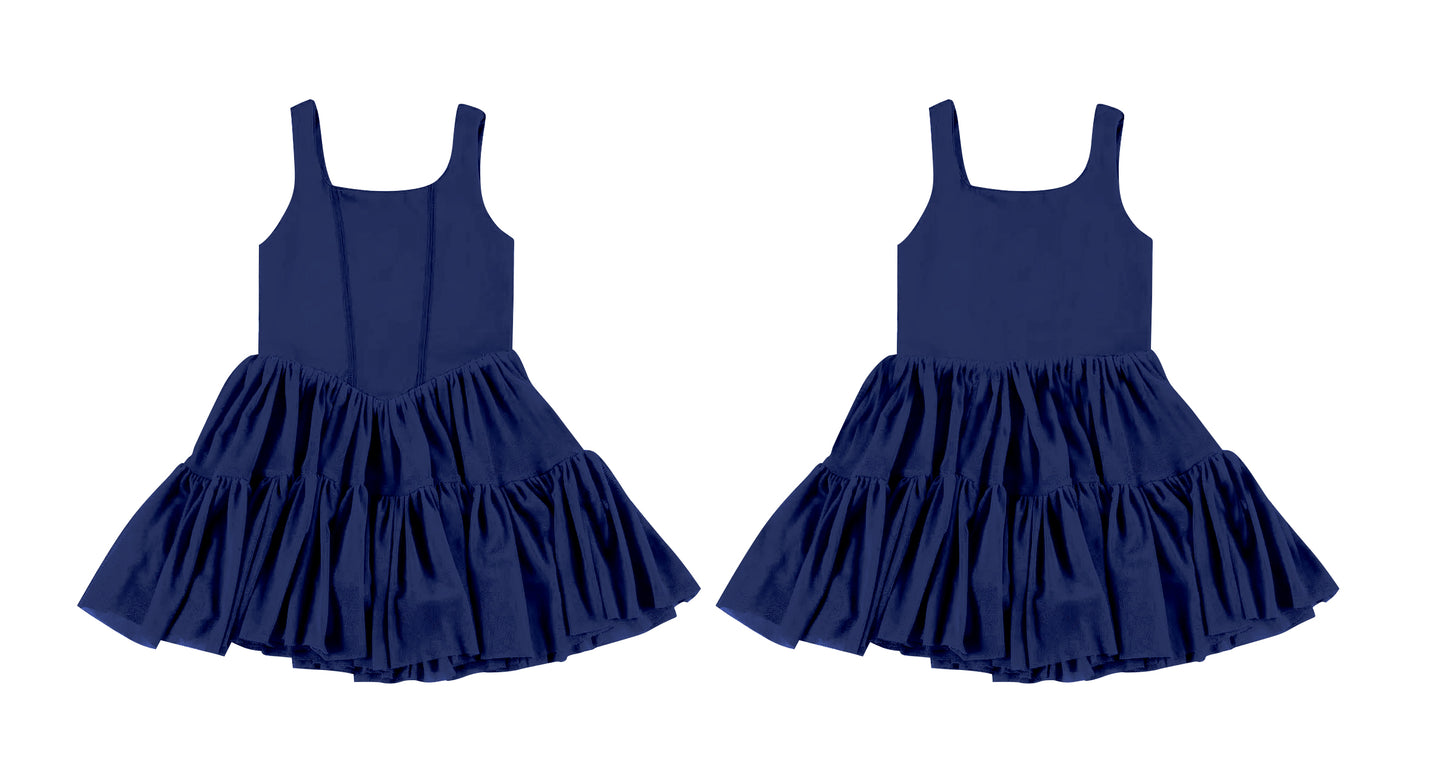(Custom Design Preorder MOQ 5 ) Navy Color Girls Sleeveless Knee Length Dress